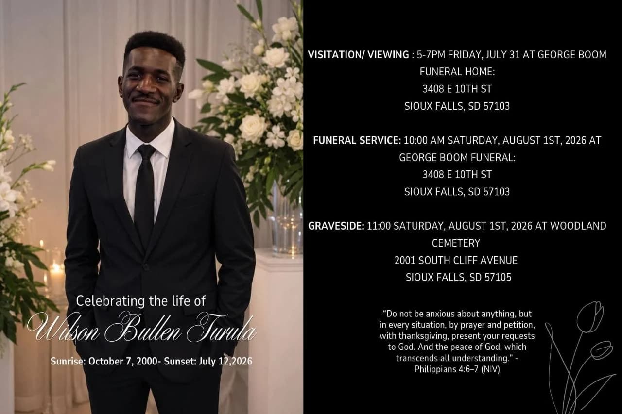 Family service announcement featuring Wilson Bullen Furula in a black suit.